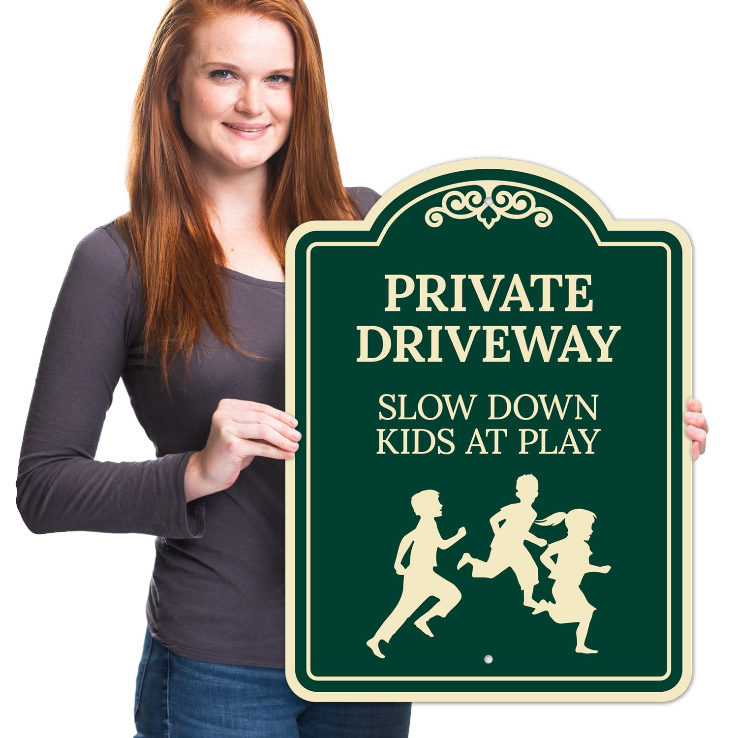 Private Driveway Slow Down Kids at Play Decor Sign, Green Dark, 18x24 Inches, ACM, Fade Resistant, Made in USA
