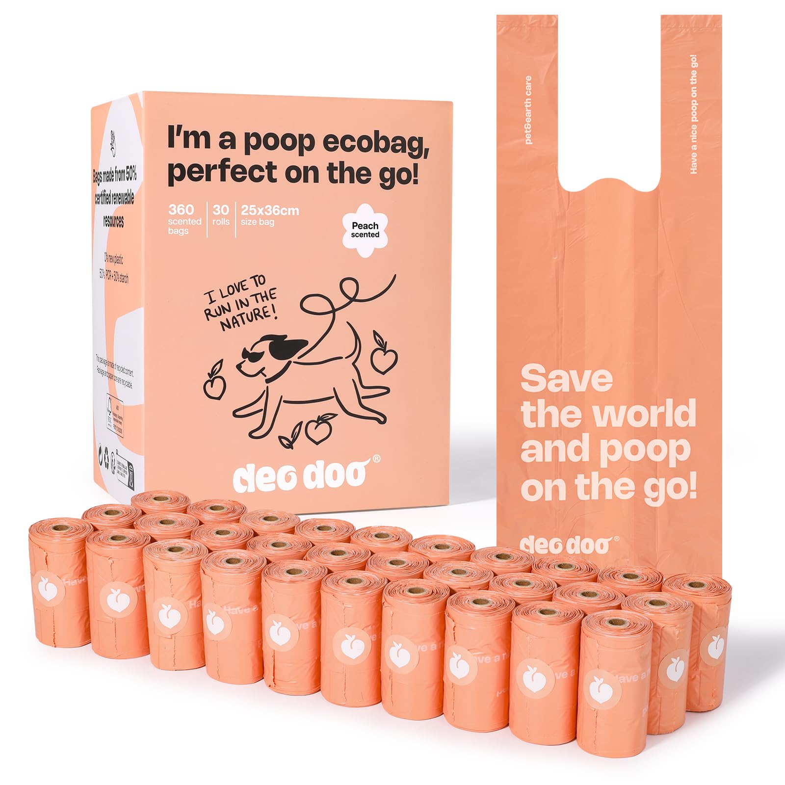 Deo Doo Dog Poop Bags with Handles 30 Rolls 360 Counts Big Sizes Leak Proof and Extra Thick Waste Bags Refill Rolls for Walking Small Medium Large Dogs Cats Litter Peach Scented