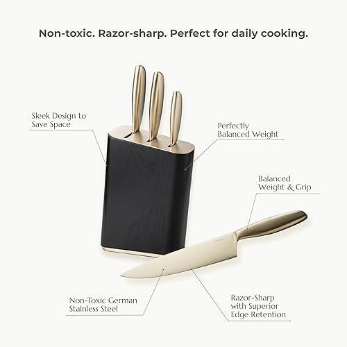 Miniatura 5 de JazzUpCo Juego de cuchillos de cocina alemanes de acero inoxidable con soporte y tabla de cortar de acacia, apto para lavavajillas, cuchillas Tabla