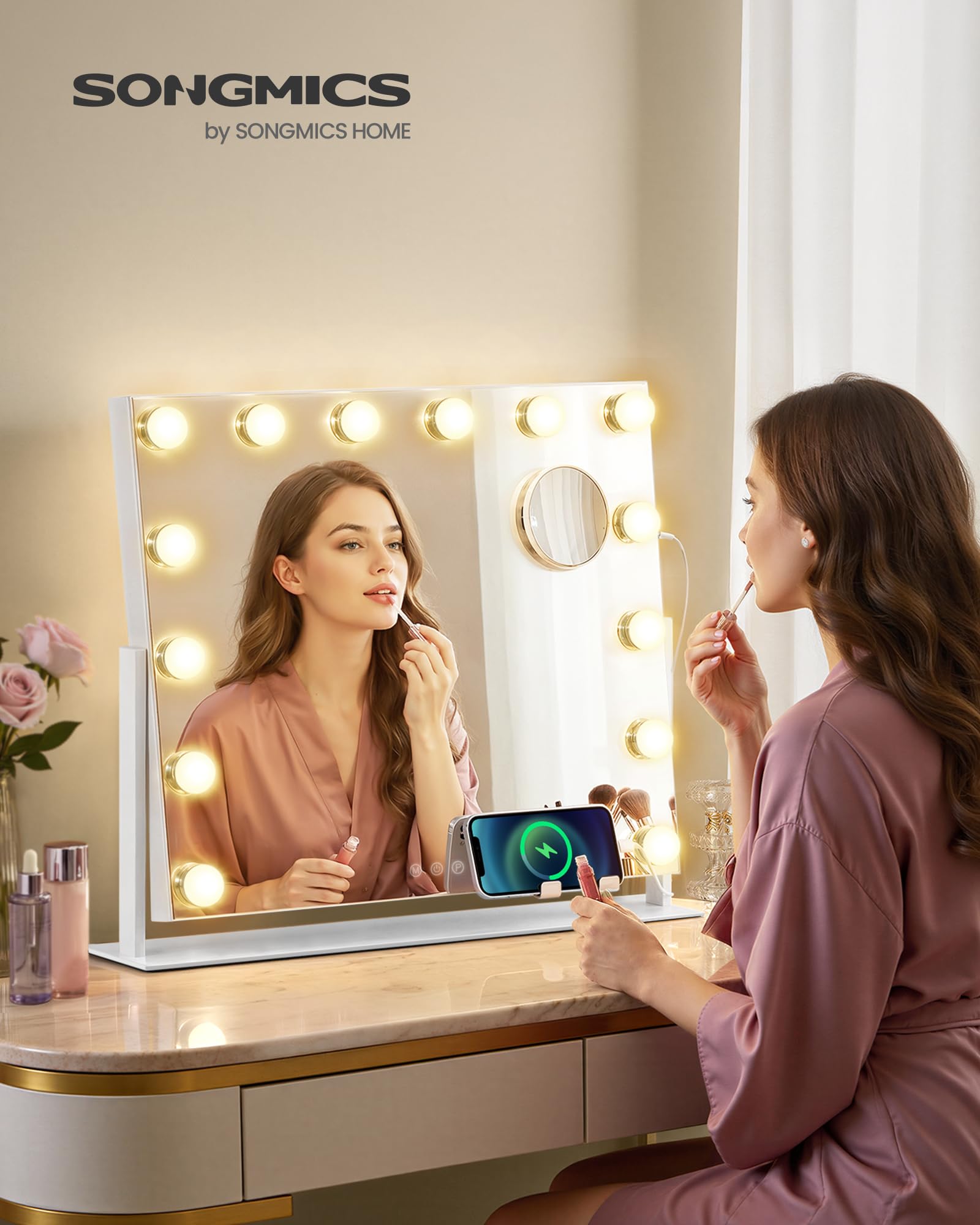 SONGMICS Miroir de Maquillage avec Lumières, 14 Ampoules LED, Ports de Charge, Miroir Grossissant Détachable 10x, 3 Températures de Couleur, Support de Téléphone, 50 x 42 cm, Blanc Mat LWM007WC02