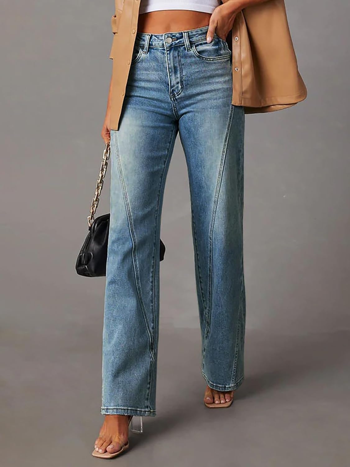 Womens Wide Leg Jeans Mid High Waisted Baggy Straight Leg Stretchy Denim Pants Seamed Long Trousers, Blue, X-Small - Image 2