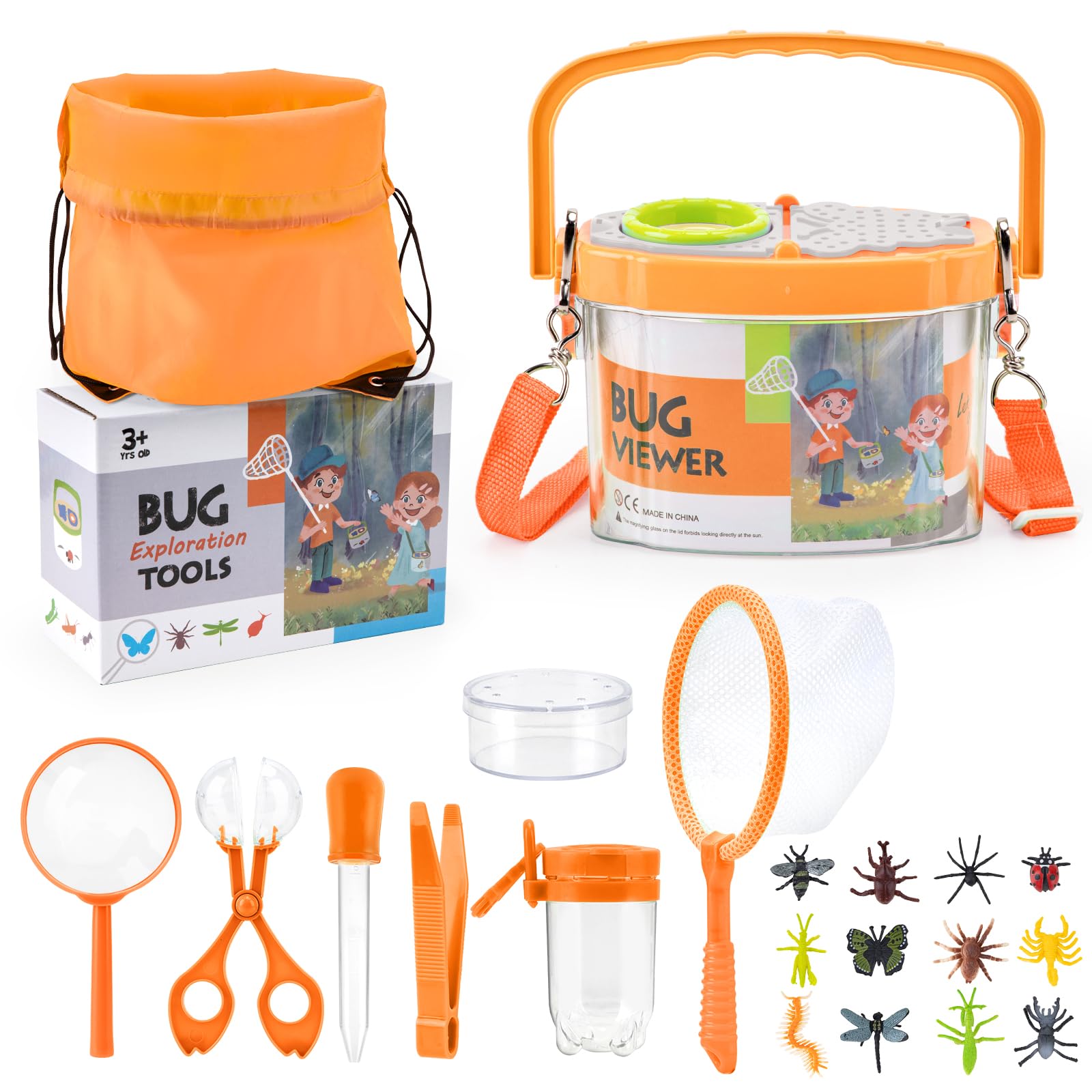 Growithu Bug Hunting Kit for Children: 23 PCS Bug Catcher for Kids Outdoor Explorer Toys Orange for 3 4 5 6 7 Year Old
