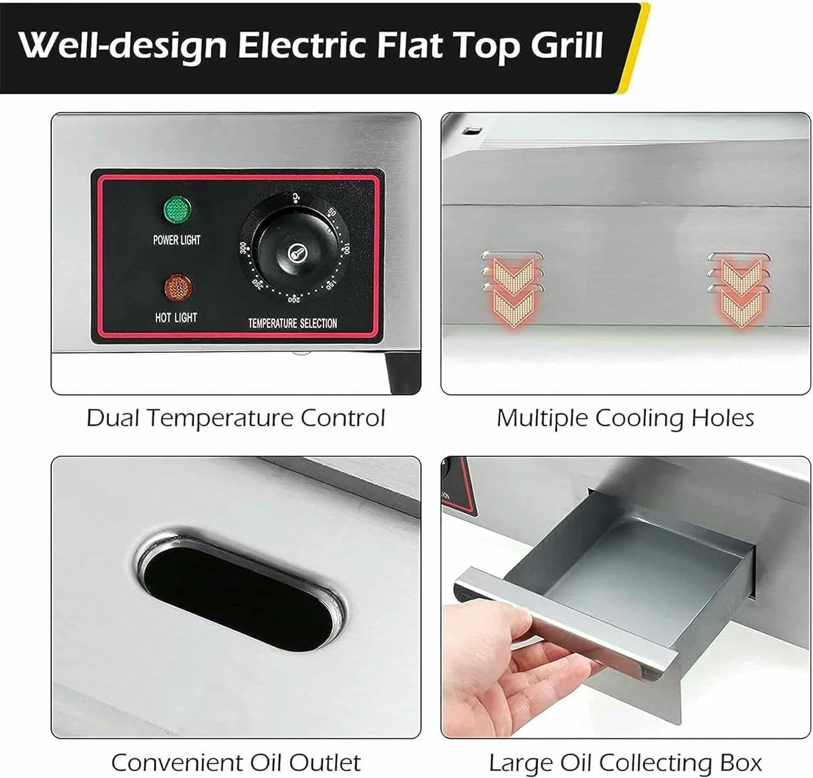 Piastra elettrica Professionale, griglia elettrica a Superficie Piana da 4400 W, Piastra elettrica da banco in Acciaio Inossidabile con Foro di scolo. (822)