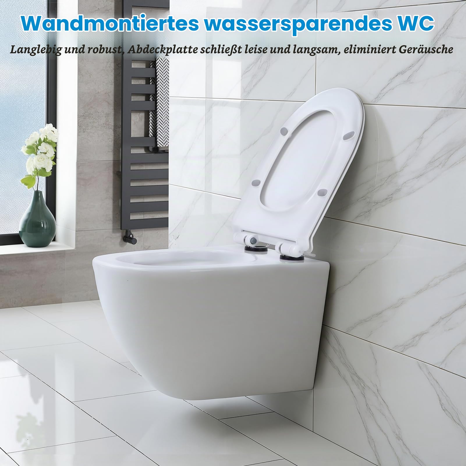 Wand WC Spülrandlos Hängend mit Softclose Sitz, Hänge WC Keramik 4L 360 Grad Wirbelspülung, Tiefspüler mit Absenkautomatik, platzsparende wandhängende Toilette 52,5 x 36 x 35 cm, 300 kg (Weiß)