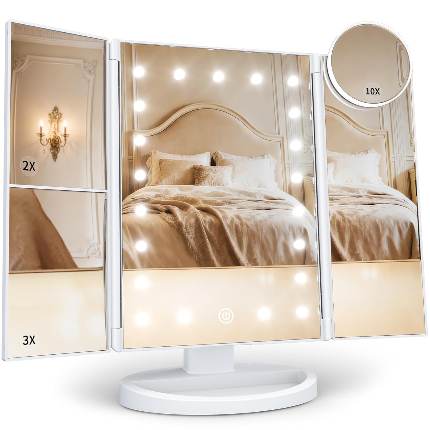 HUONUL - Specchio da trucco pieghevole a 3 luci, 10X/3X/2X LED, colore: rosa