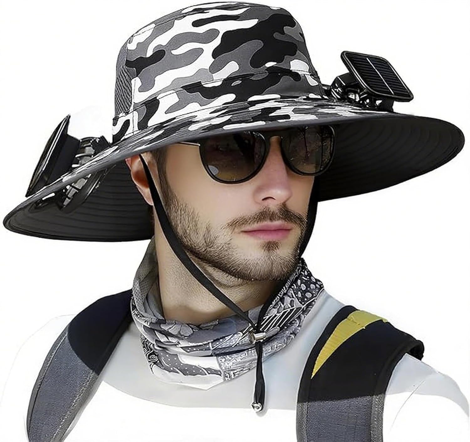 Solar Fan Hat,Outdoor Wide Brim Sun Hat with 2 Built-in Solar Fans,UPF 50+ Bucket Fishing Solar Fan Hats for Men Women