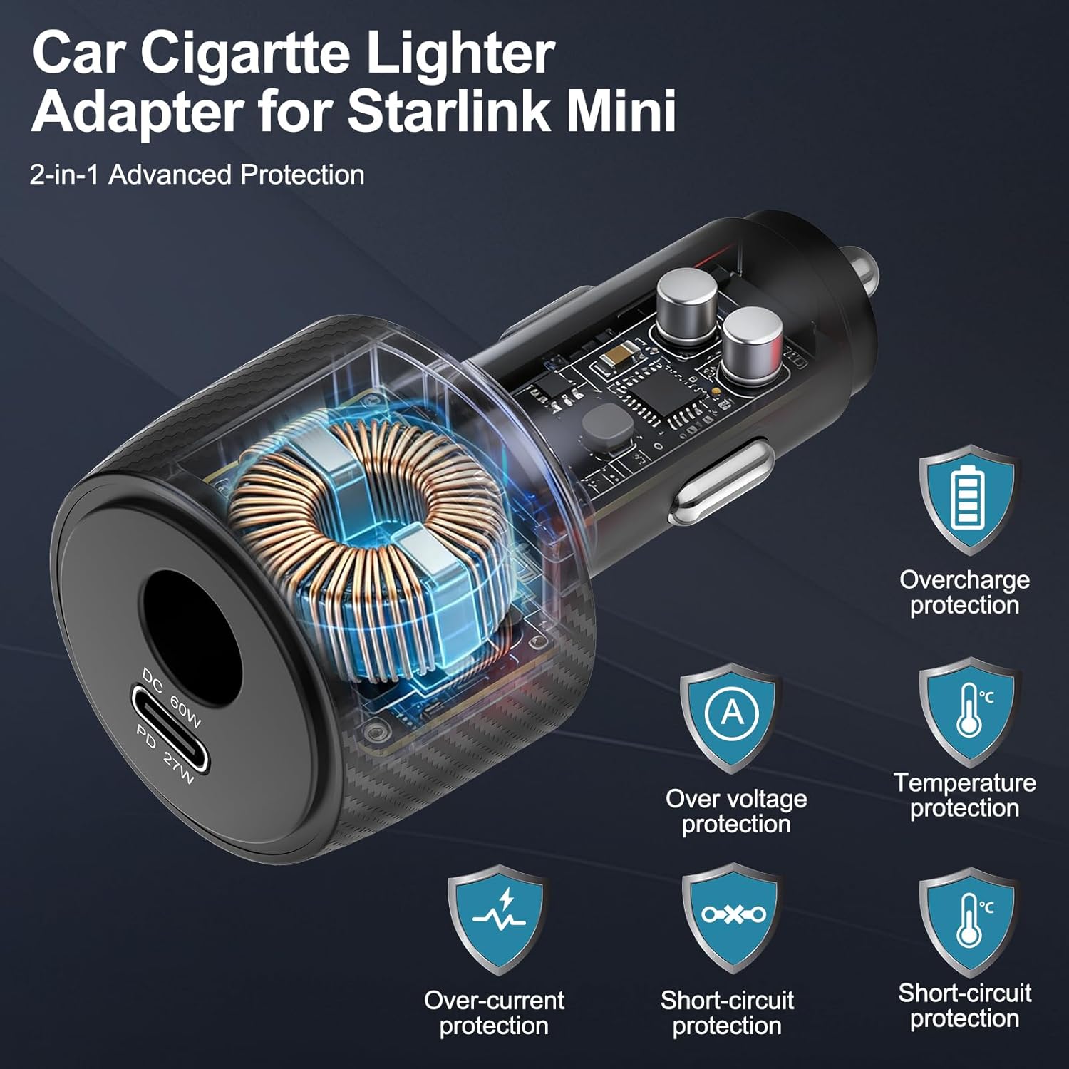 Starlink Mini Car Adapter with 3M Power Cable,2 in 1 Cigarette Lighter Adapter,Starlink Mini Step Up Booster[12-24V Input,36V/1.67A Output] Compatible with Car, RV,Truck,Boat