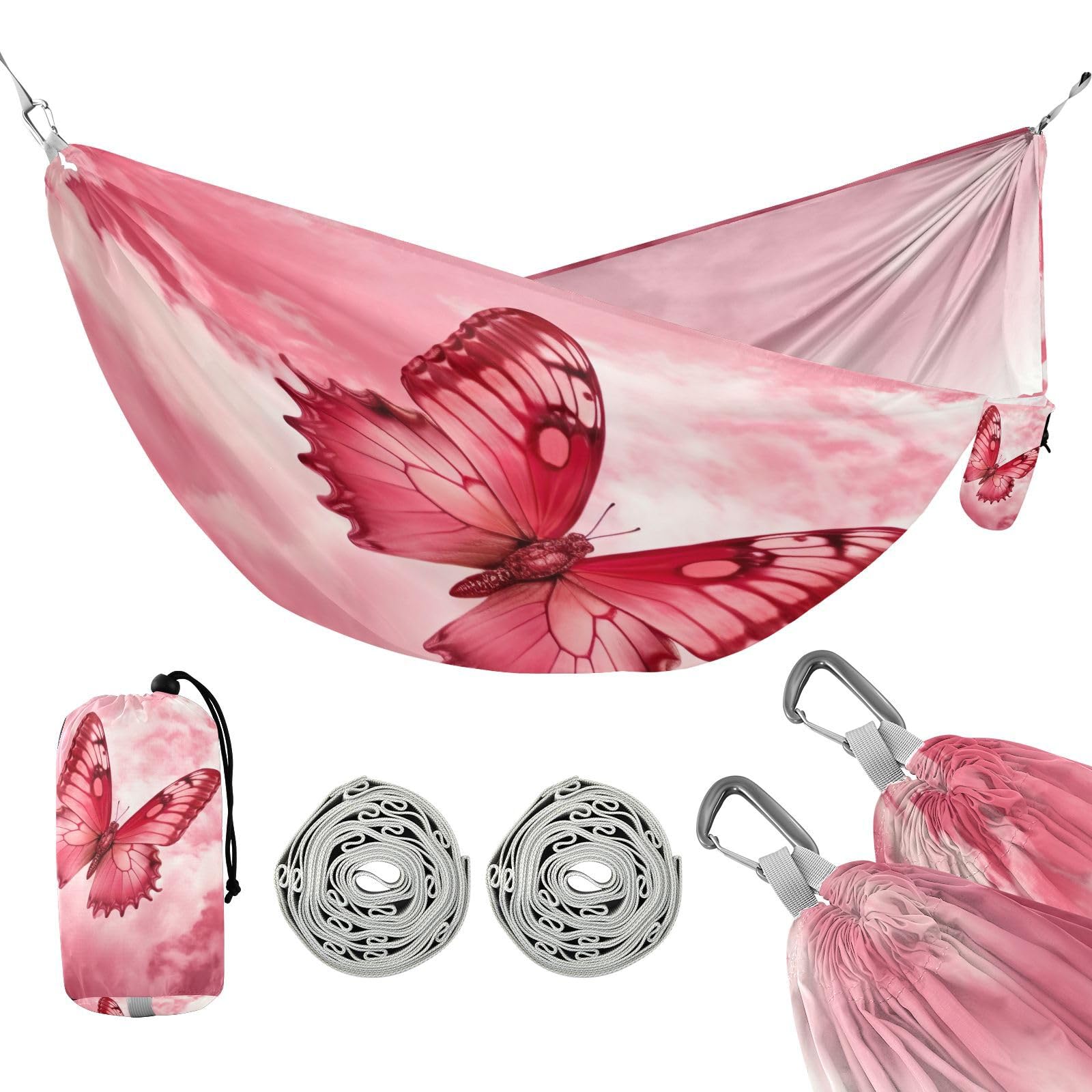SDMKA Pink Butterfly & Galaxy Camping Hammock, 330 lbs with 2 Tree Straps, Carry Bag, Single Portable Hammock for Outdoor/Indoor, Hiking, Beach, Backpacking, Travel
