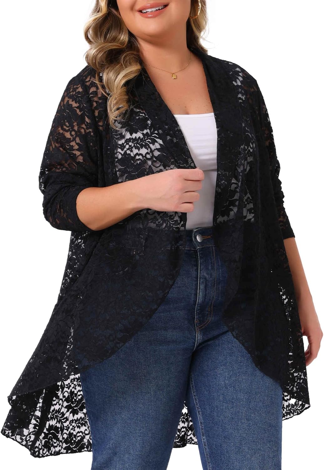 Agnes Orinda Plus Size Lace Cardigan for Women Ruffle Cardigans Open Front Long Sleeve Sheer Lace Crochet Cover Up