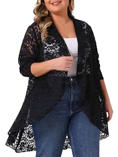Agnes Orinda Plus Size Lace Cardigan for Women Ruffle Cardigans Open Front Long Sleeve Sheer Lace Crochet Cover