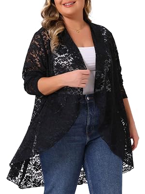 Agnes Orinda Plus Size Lace Cardigan for Women Ruffle Cardigans Open Front Long Sleeve Sheer Lace Crochet Cover