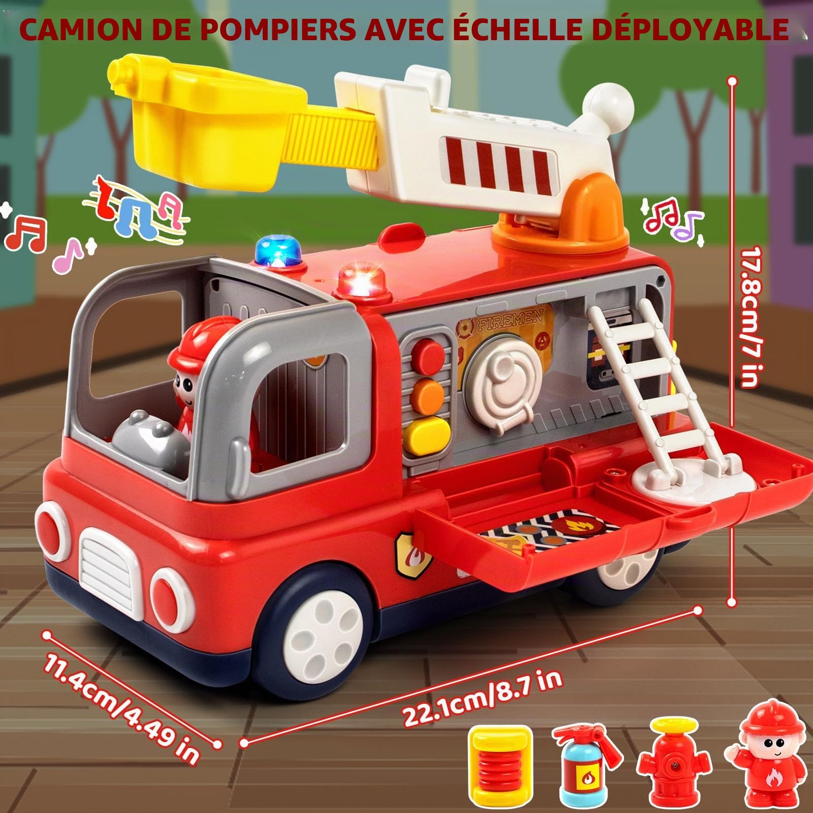 Marstone Camion de Pompier Jouet Enfant 1 2 3 4 Ans Voiture de Pompiers avec Lumières et Sons, Jouet Montessori avec Accessoires et Figurine, Jouet Éducatif Cadeau Garçon Fille, Cadeaux pour Garçons