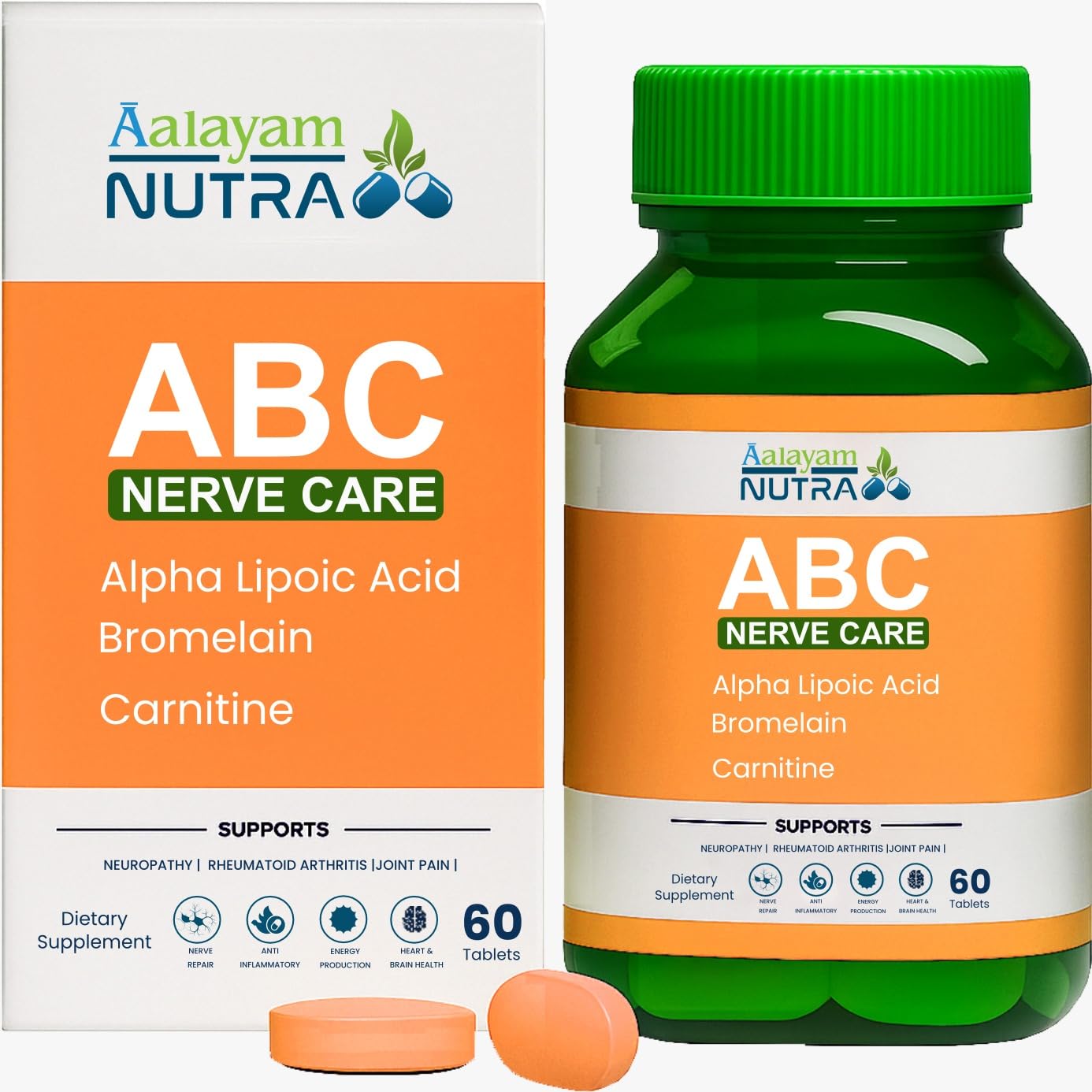 aalayam nutra abc nerve care | advanced neuropathy support with alpha lipoic acid (ala) 500mg, l-carnitine & bromelain | formula for nerve pain, tingling, numbness & discomfort in feet & hands | potent antioxidant & anti-inflammatory - 60 tablets