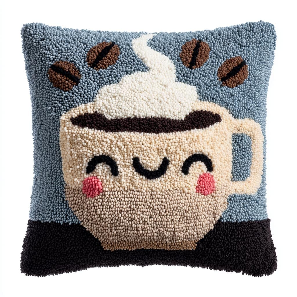 Taxpy Latch Hook Kits, Cartoon Teacup Pillow Cover DIY Crochet Hook Cushion Rug Making Kits with Printed Pattern Canvas Needlework Hooking Adorment 43x43cm