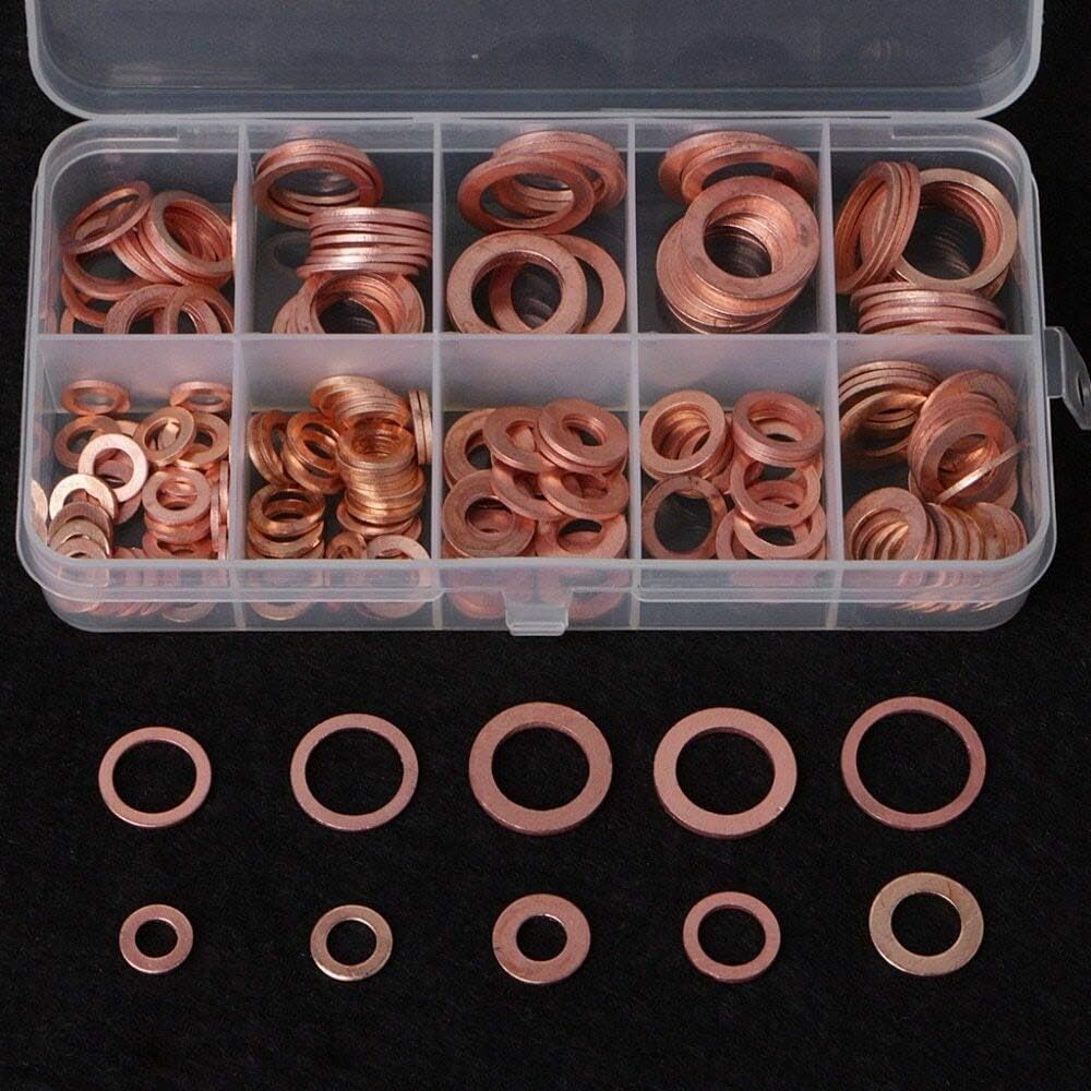 BKEKM Rondelle Piatte da 200 Pezzi con Scatola di plastica Set di guarnizioni per rondelle in Rame 9 Misure Guarnizione Piatta Kit guarnizioni ad Anello Piatto Viti Rondella Piana