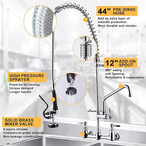 Miniatura 2 de Grifo comercial con pulverizador, grifo de fregadero utilitario con pulverizador, montaje en pared, industrial, restaurante, 43 pulgadas de altura,