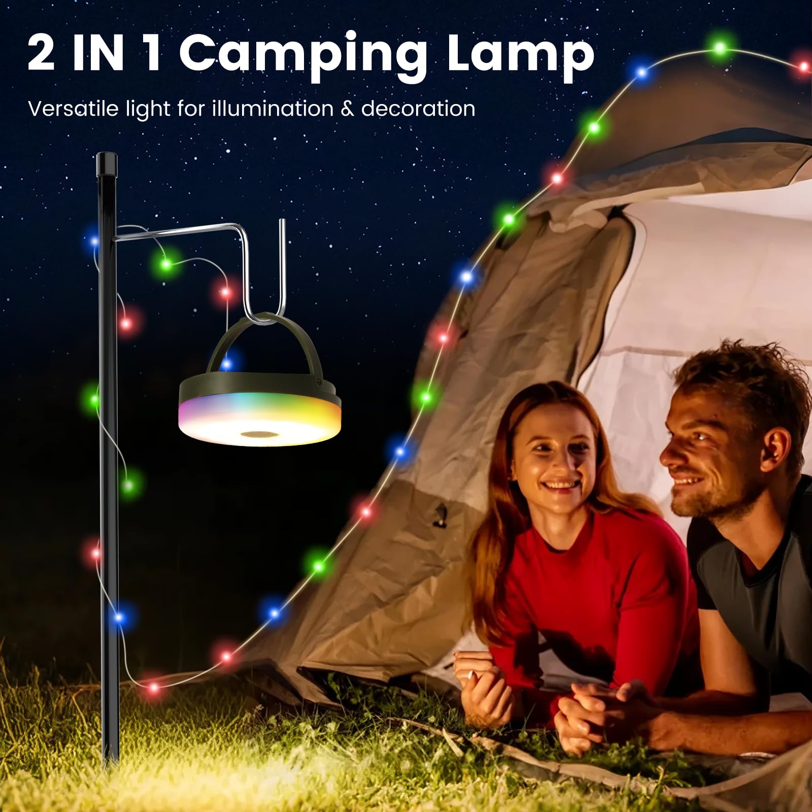 Lampada solare esterna 20m ghirlanda luminosa, Bianco caldo+RGB Luci da campeggio, illuminazione 13 modalità, Ricarica solare e ricarica USB, 230 LED portatile Luce da campeggio, Giardini ed escursion