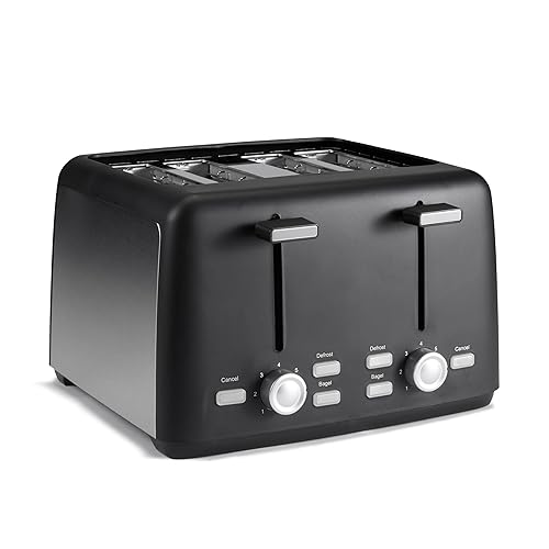 Amazon Basics 4 Slice Toaster, With 7 Browning Settings, Extra Wide Slots For Bagels and Special Breads, Removable Easy-to-Clean Crumb Trays, Cancel/Defrost/Bagel Buttons, 1500W, Black & Silver - 4 Slice - Matte Black Front