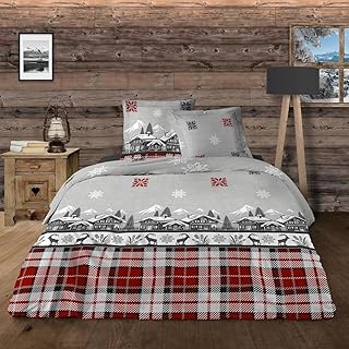 Alpes Blanc - Housse de Couette Chalet + taie(s) 65x65cm - 100% Coton 57 Fils - Grand Teint, Finition Rabat - Dessin Exclusif