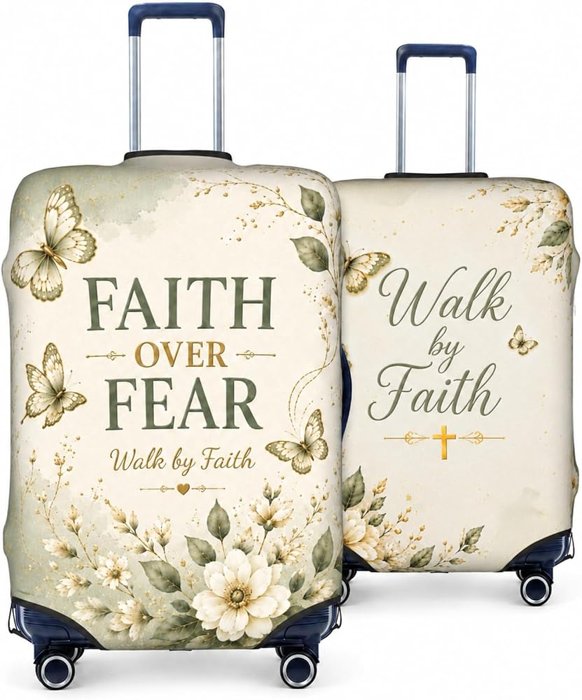 Christian Faith 여행 가방용 수하물 커버, 영감을 주는 여성용 여행 가방 프로텍터, 꽃무늬 나비 신축성 있는 세탁 가능한 커버, 45.7-81.3cm(18-32인치) 수하물에 적합, 세이지 그린., 플로럴 — 사진 1