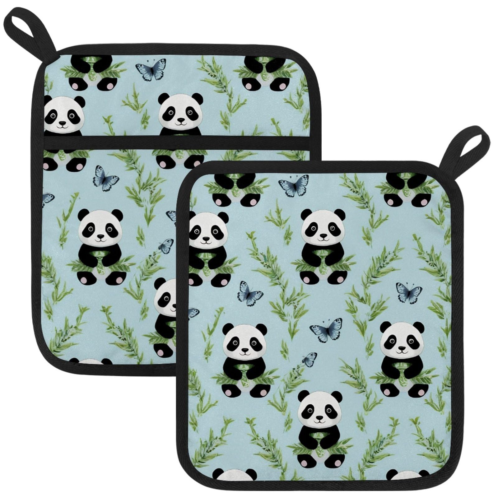 VAPOKF Panda Butterfly Pot Holders with Pocket for Kitchen Heat Resistant Potholders Large Polyester-Cotton Square Oven Mitts Set