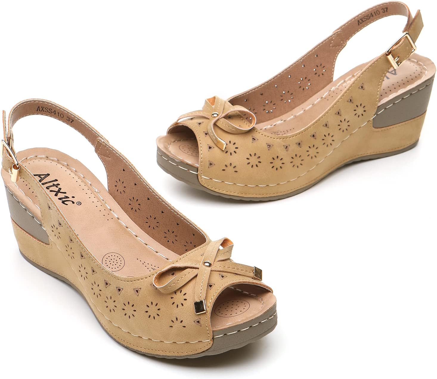 Altxic Women's Peep Toe Bow Hollow Out Slingback Platform Wedge Sandals Perforated Brown 9 US - Image 6