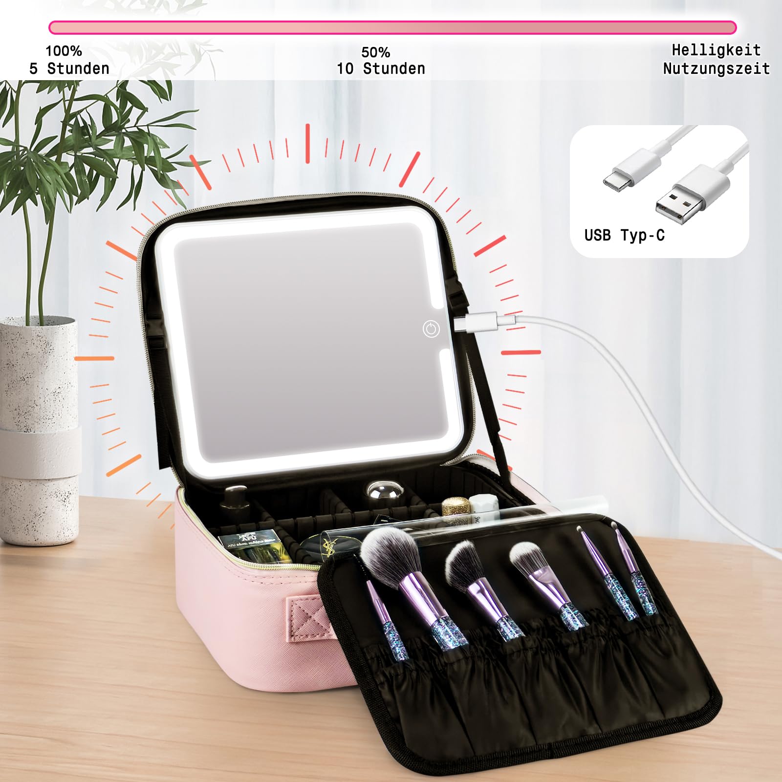 Make up Tasche mit Spiegel，Travel Makeup Bag mit 1/10x Spiegel und 3 Farbe Licht，Make up Organizer Tasche mit Aufbewahrung von Make-up-Pinseln, Makeup Organizers für Frauen(Rosa Leder)