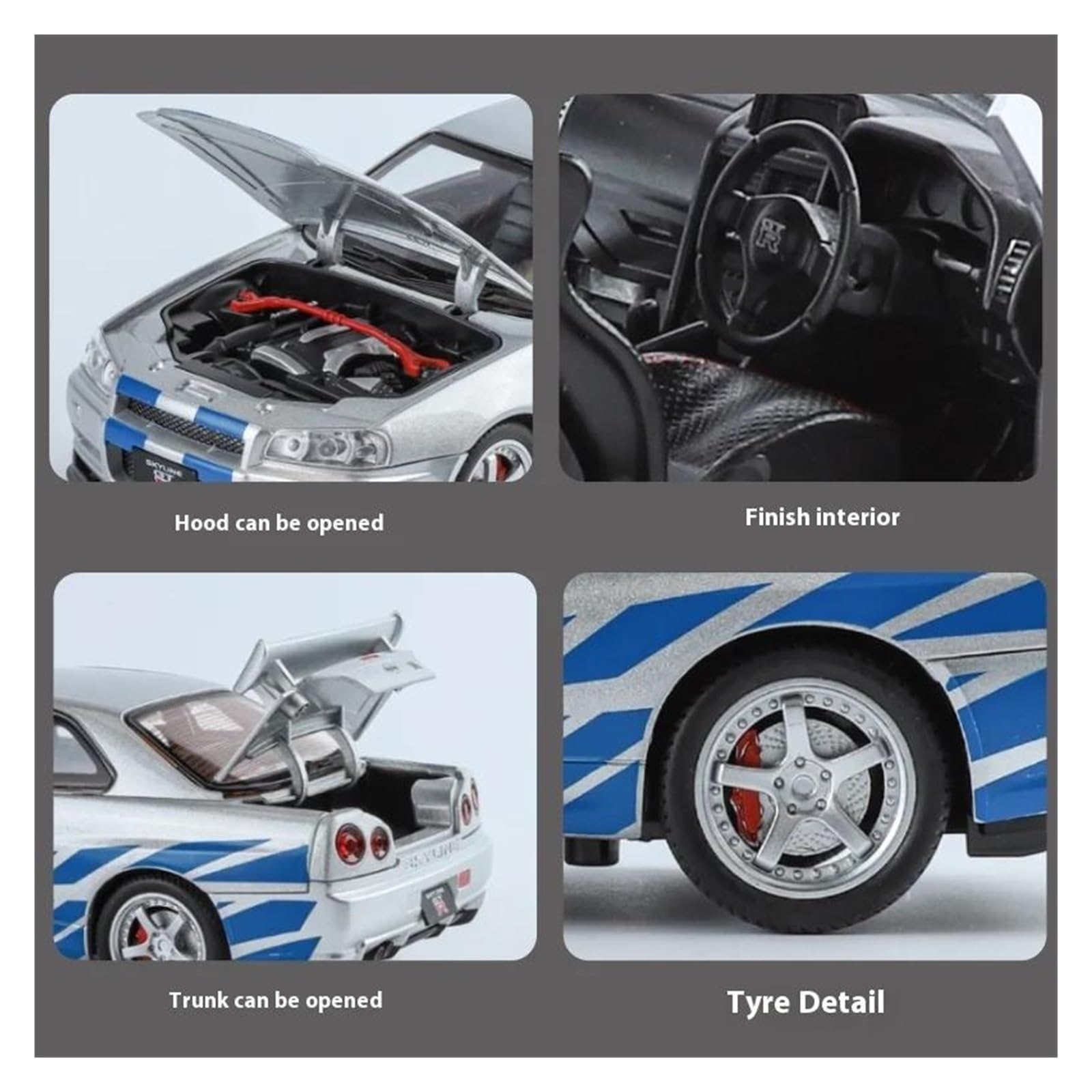 Metal Réplica Escala 1 24 Nissan GTR-R34 con Sonido Coche Deportivo De Aleación Modelo Decoración Hobbies Vehículos Juegos Set(Purple)