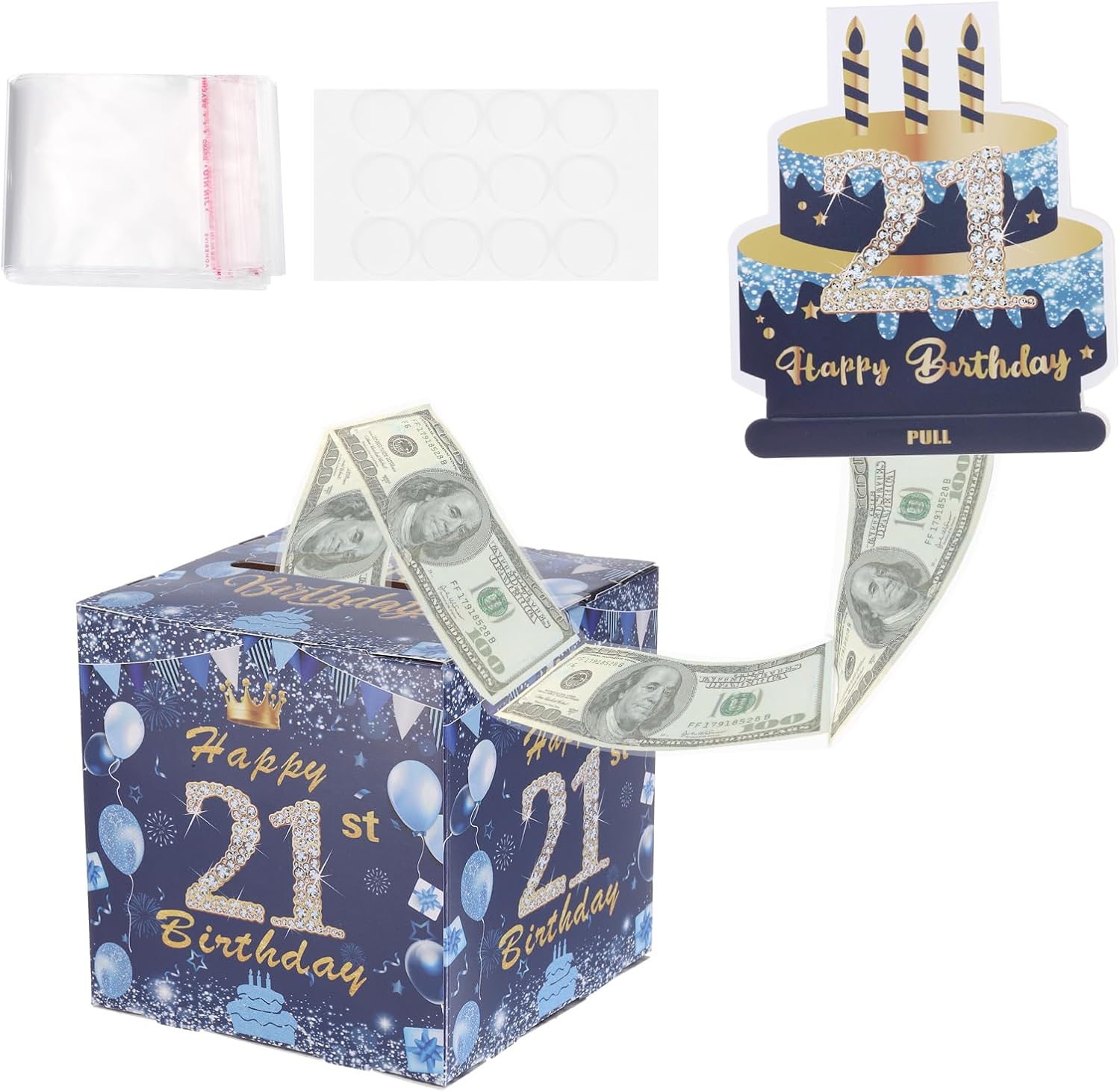 PATIKIL 21th Birthday Money Box for Cash Gift, Birthday Money Pull Box with 100pcs Transparent Bags for Birthday Surprise Card Party Decorations Women Girl Men Boy Best Friend, Blue