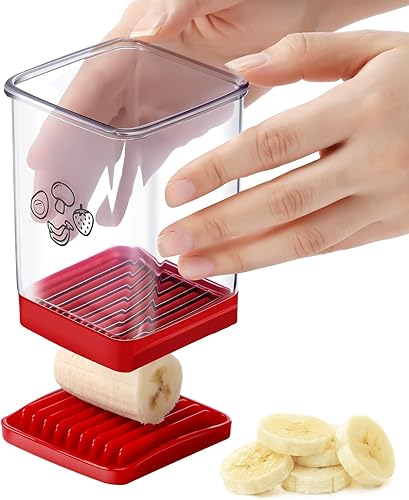 Miniatura 1 de Threlaco Cortador de huevos para cortar huevos y frutas y verduras con placa de empuje, cortador de fresas de acero inoxidable, plátano, fresa para