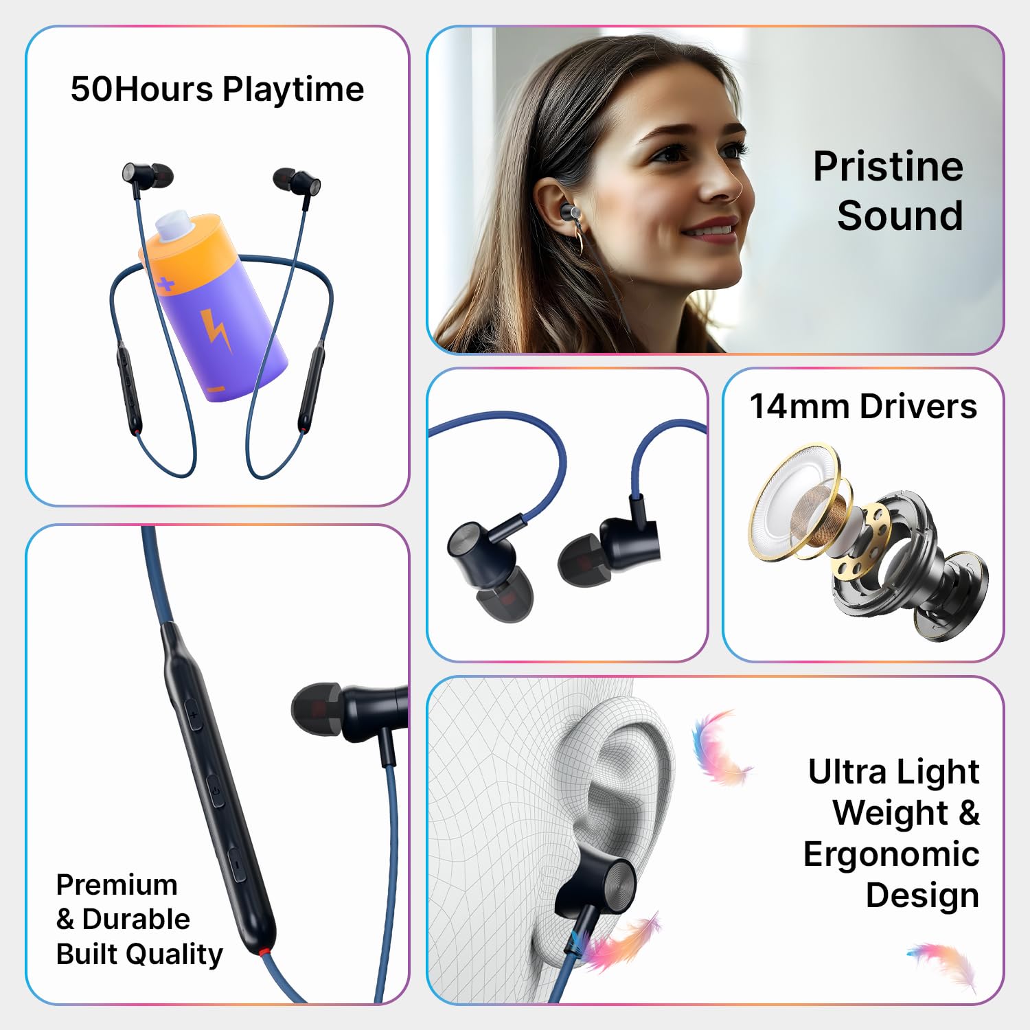 pTron Tangent Evolve w/ 50Hrs Playtime,HD Mic,Pristine Sound,14mm Drivers,Bluetooth V5.3 w/Dual-Device Pairing Wireless Neckband,Magnetic Buds,Voice Assistant,Type-C Charging &IPX4(Black/Blue) |in_ear