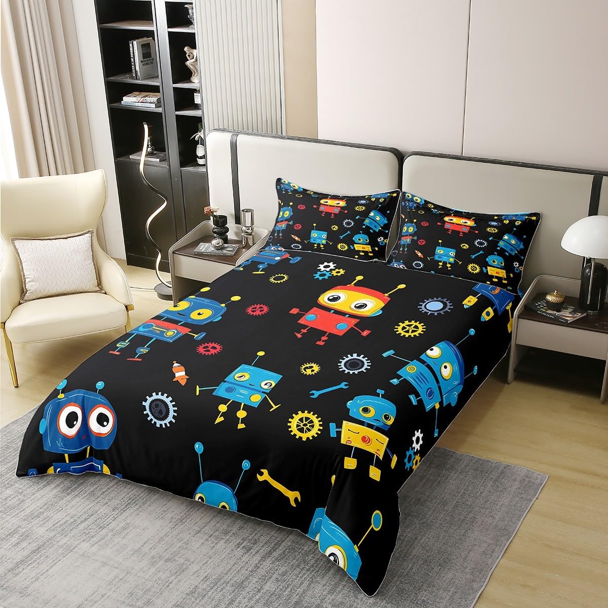 Cartoon Robot Kids Bedding Set Twin Size 100% Cotton Colorful Geometric Circles Plaid Decor Duvet Cover for Boys Girls Teens Cute Machine Robot Decor Modern Quilt Cover,1 Pillowcase(No Comforter)