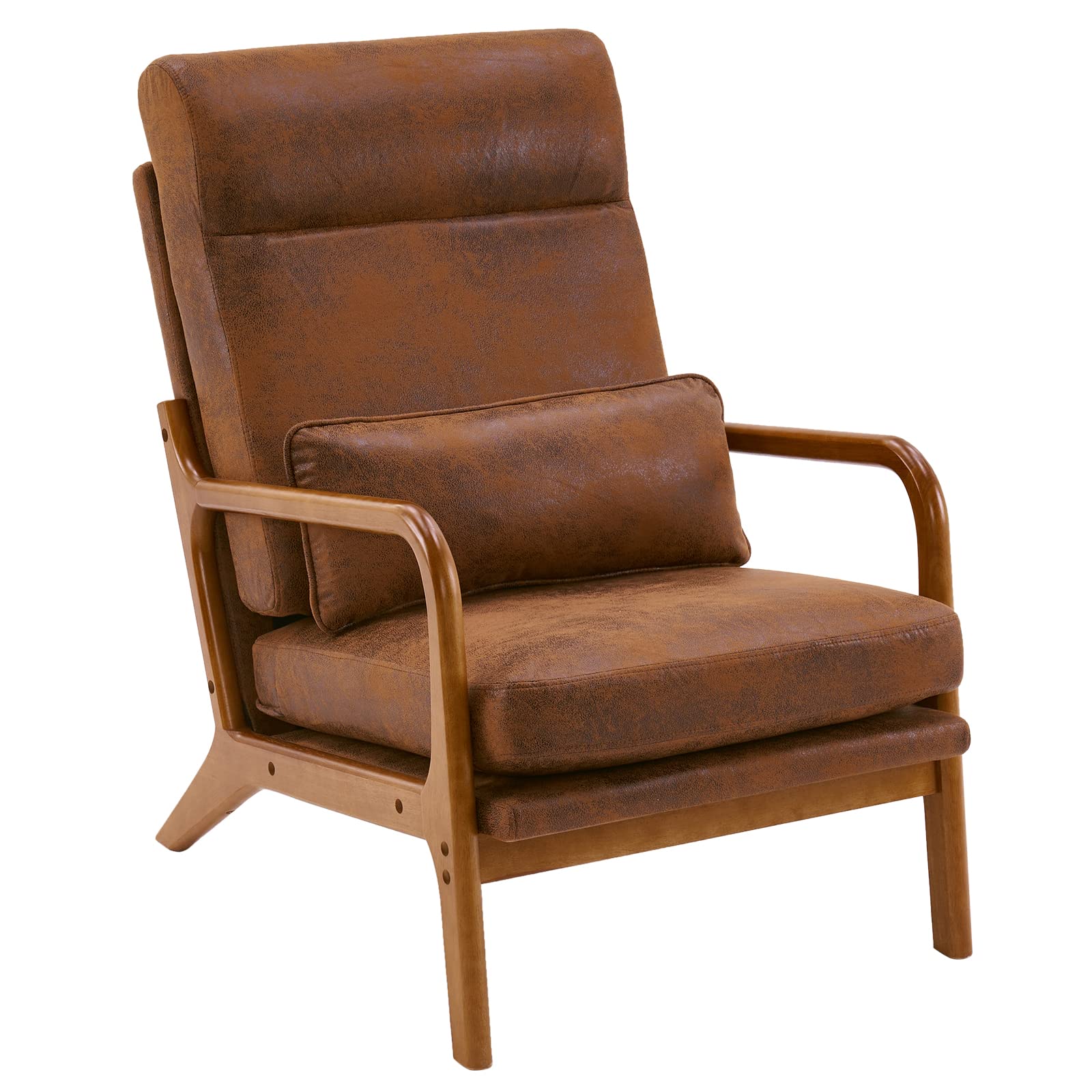 Karl home Accent Chair, Mid-Century Modern Armchiar Lounge Reading Chair with Pillow High Back Bronzing Cloth Upholstered Solid Wood Frame & Soft Cushion for Living Room, Bedroom, Balcony, Brown