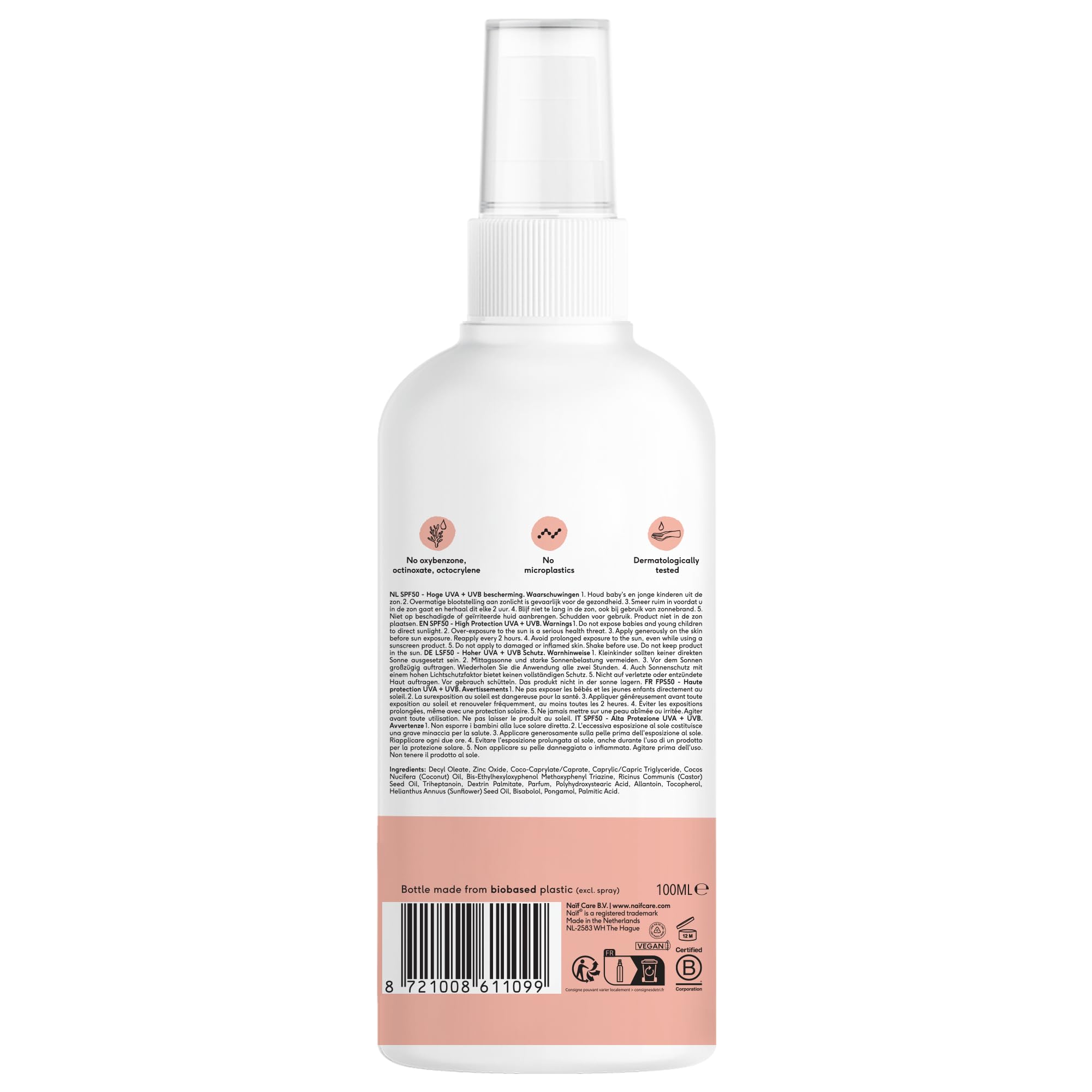 Naïf Spray solare a base minerale – per neonati e bambini – SPF 50 – Spray senza octocrylene – Protezione UVA e UVB – Resistente all'acqua – Dermatologicamente testato – Senza microplastica – 100 ML