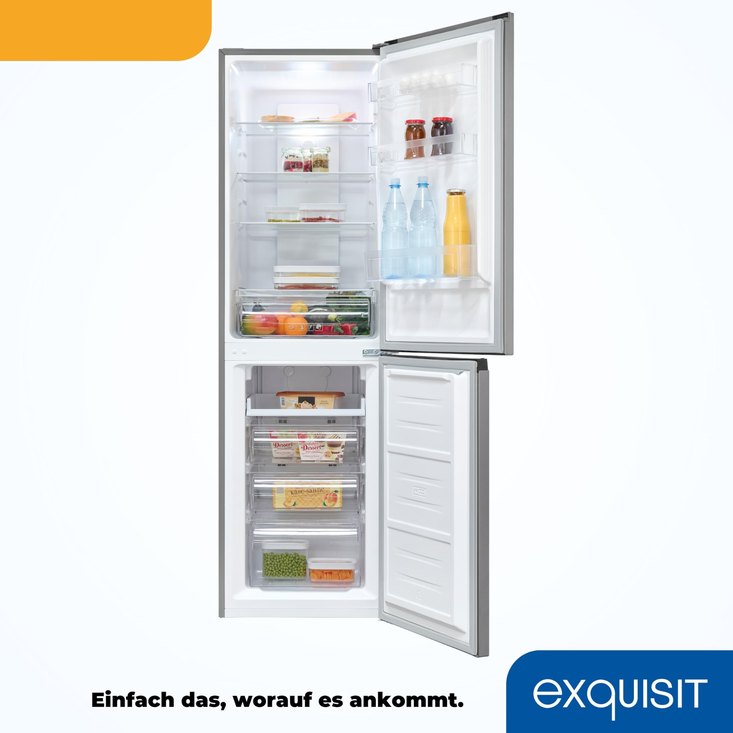 Exquisit No-Frost Kühl-Gefrierkombination - 247 L Kühlschrank Edelstahl | Leises 180 cm Standgerät mit 39 dB, 4-Sterne-Gefrierfach und No-Frost Technologie gegen Frostbildung im Gefrierbereich