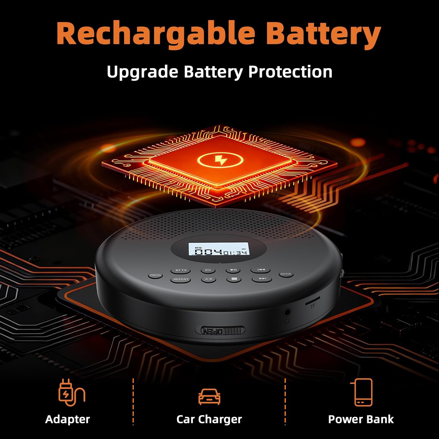 Arafuna Portable CD Player with Bluetooth, Rechargeable CD Player for Car/Home with Headphones, Anti-Skip, LCD Display, AUX/TF Card Port (Black)