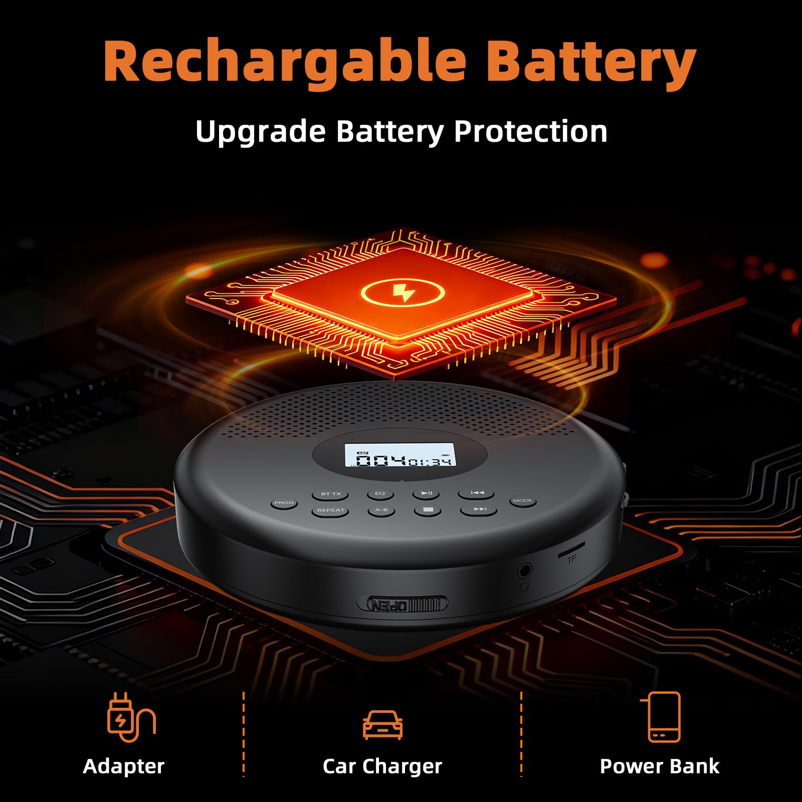 Arafuna Lecteur CD portable avec Bluetooth, batterie rechargeable, lecteur CD personnel pour voiture avec haut-parleurs/casque/écran/antichoc, compact pour la maison, les voyages, prend en charge TF