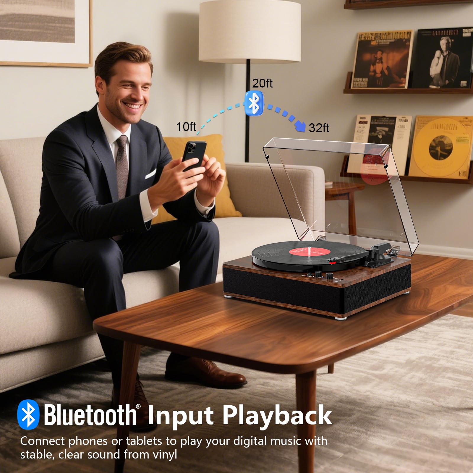 TANLANIN Vinyl Record Player with Bluetooth Input & Output, Built-in Stereo Speakers, 3-Speed Turntable LP Player, Full-Size Vintage Vinyl Player, Counterweight, AUX/RCA/Headphone Jack, Walnut