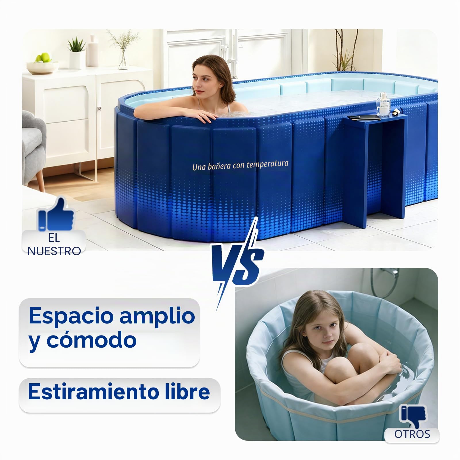 Bañera portátil de 150 cm con estante, bañera plegable para 2 personas, bañera plegable sin inflar para adultos, baño de hielo 2 en 1 y bañera de spa caliente para ducha, jardín y campamento (amarillo