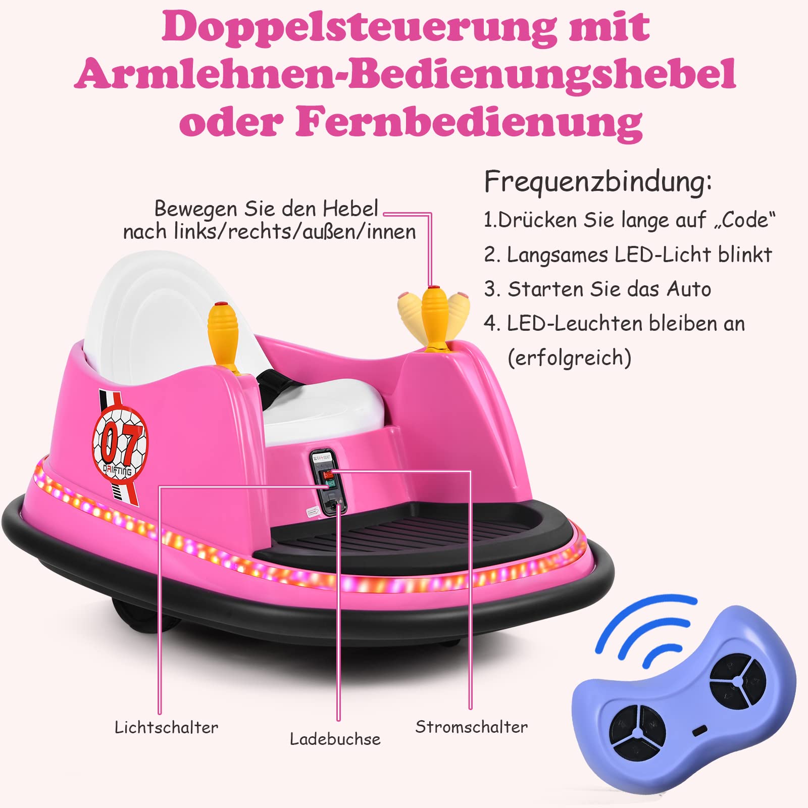 GOPLUS 6V Elektro Autoscooter mit 2,4 GHz Fernbedienung, Kinderfahrzeug 360 Grad, mit bunten Lichtern, EIN-Tasten-Start, Sicherheitsgurt, Musik, Hupe, für Kinder von 2-5 Jahren, bis zu 2km/h (Rosa)