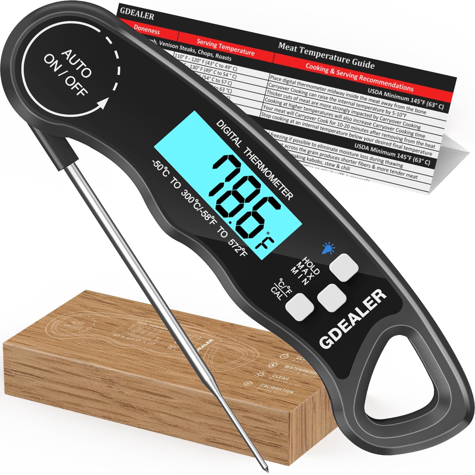 GDEALER DT09 Termometro digitale impermeabile a lettura istantanea per carne, ultra veloce, con sonda pieghevole da 11,7 cm, funzione di calibrazione per cucinare, caramelle, barbecue, fumatori