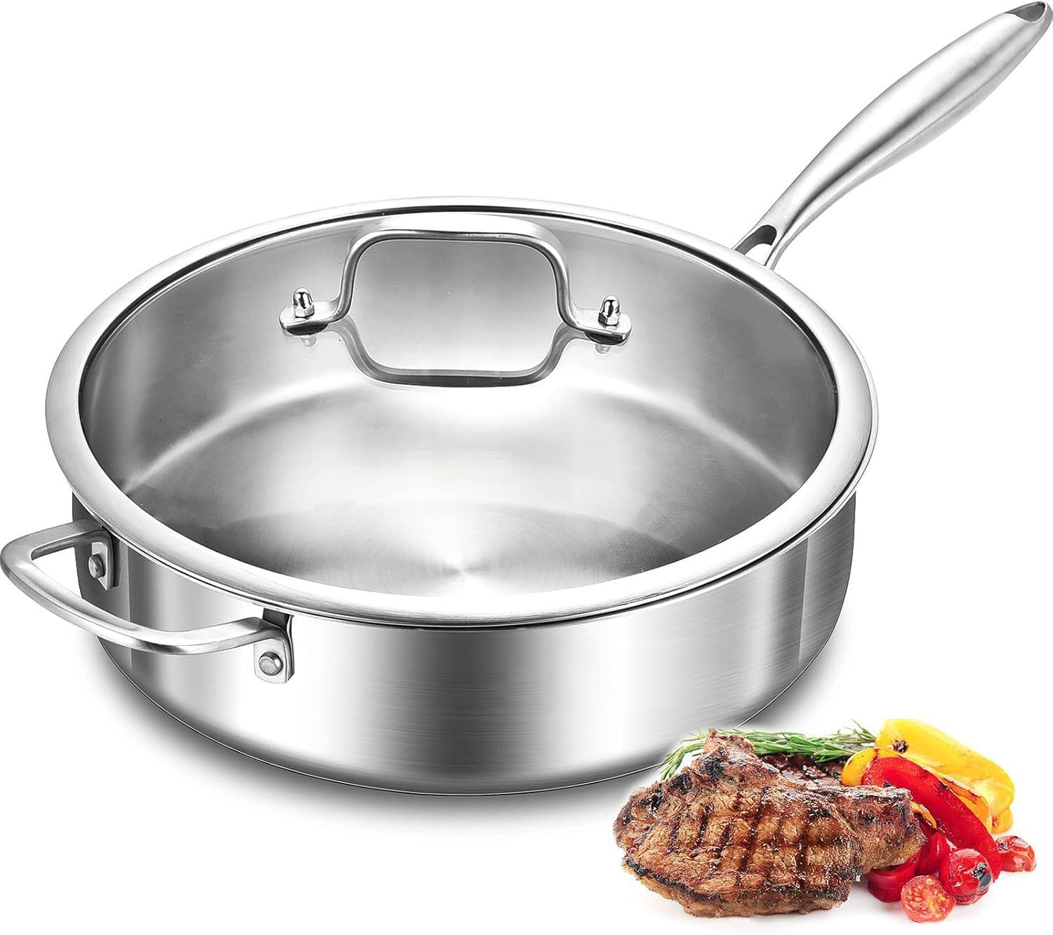 DELARLOCHEF Edelstahlpfanne Unbeschichtet 30 cm, Höhe 8 cm, 3-Schicht Edelstahl Bratpfanne mit Deckel, Ohne PTFE und PFOA，Kompatibel mit allen Herdarten
