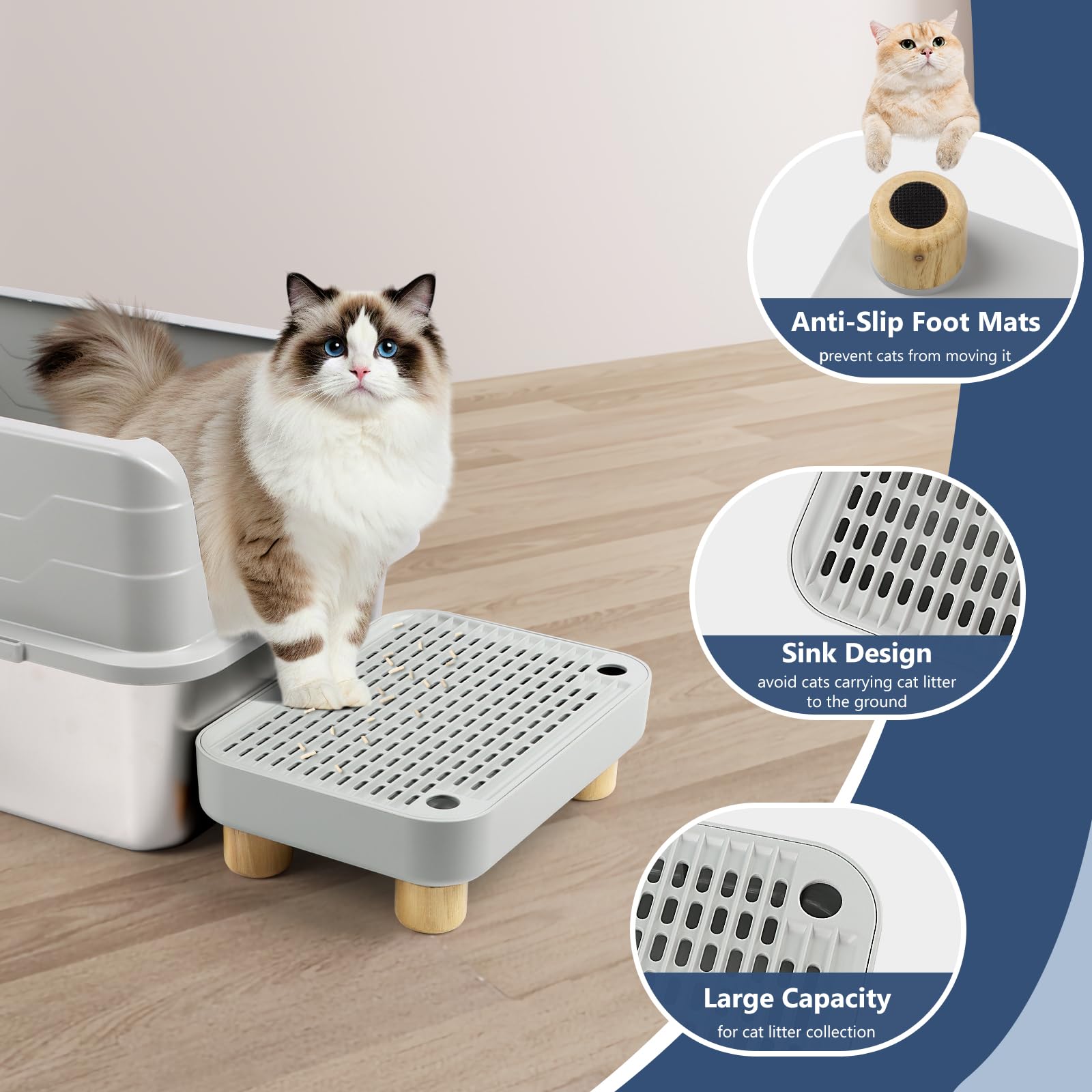 Kalolary Rampe pour Litière pour Chat, Marchepied Pédale Bois avec Fonction Filtre Toilettes Animaux Compagnie Faciles Nettoyer Marchepied Avant Piège Litière pour Chatons Chats Âgés (Gris Clair)