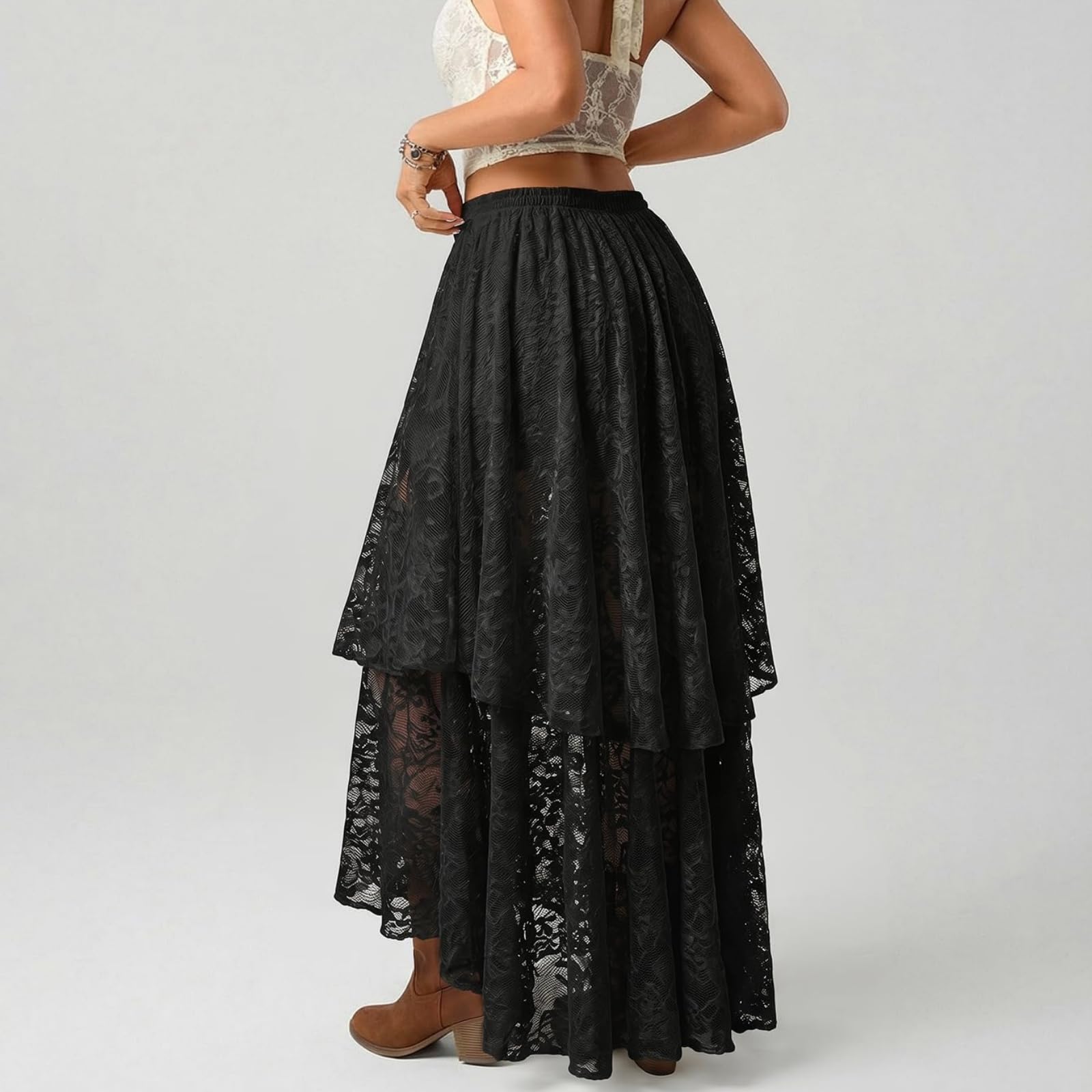 Générique Jupe Longue à Volants en Dentelle et Tulle superposés pour Femme, Coupe trapèze, Style bohème, Ourlet Tendance, idéale pour Les Sorties. (Black,S)