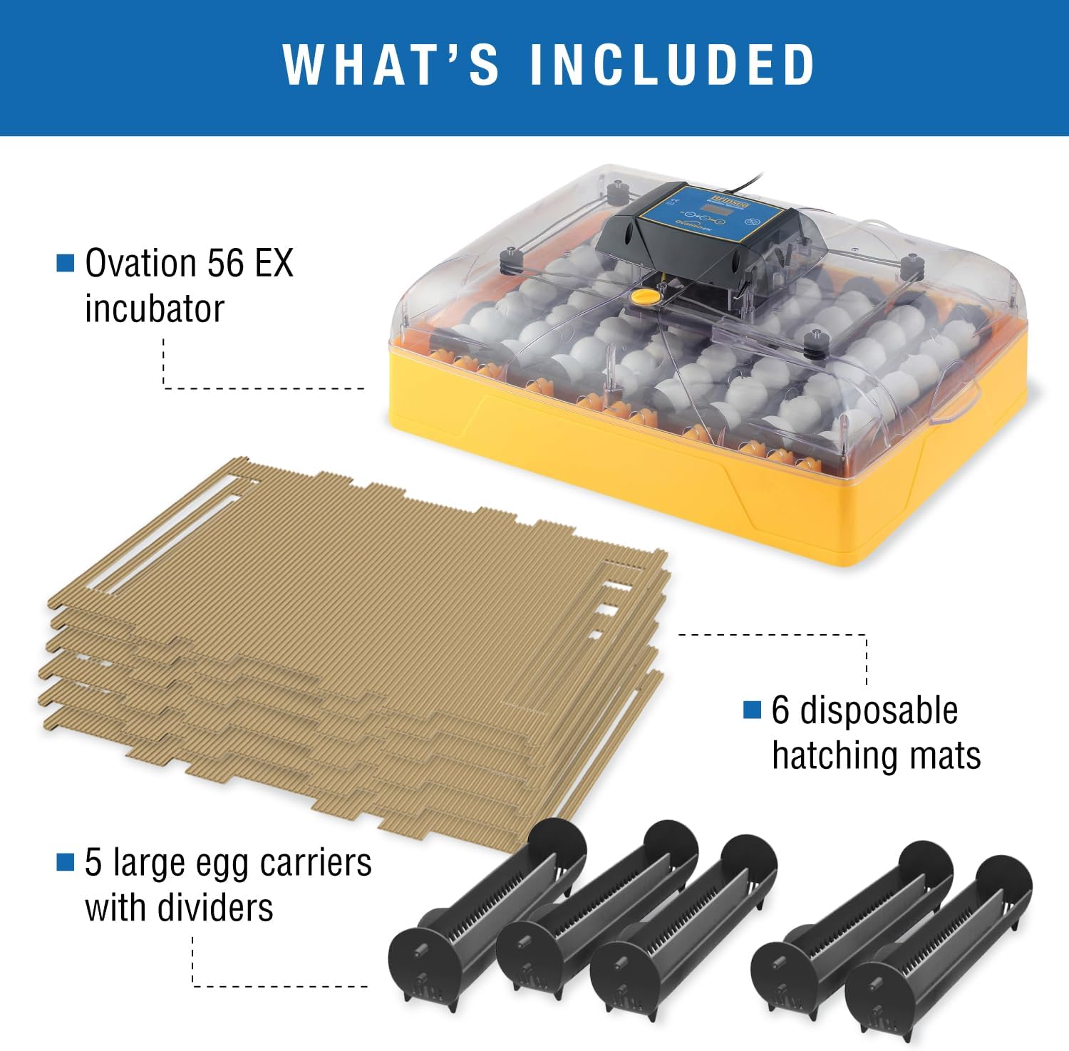 Brinsea Ovation 56 EX Bird Egg Incubator Bundle with Automatic Egg Turning for 56 Chicken, Duck, Other Bird Eggs, Plus 5 Large Egg Carriers and 6 Corrugated Cardboard Disposable Hatching Mats
