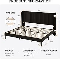Vista 87 de SHA CERLIN Base de cama de terciopelo tamaño King con cabecera capitoné de canal vertical, plataforma tapizada con listones de madera, no necesita