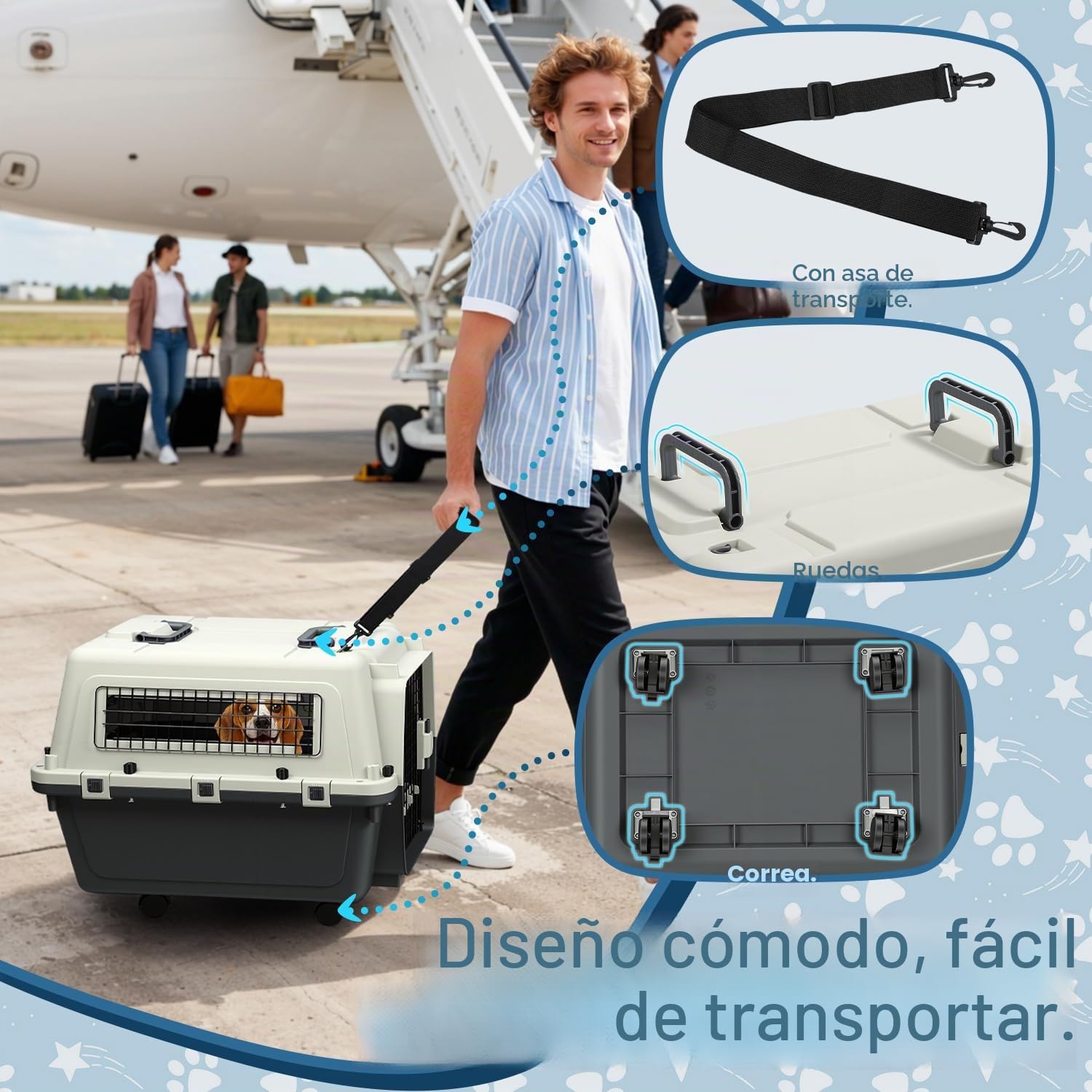 Caja de transporte para mascotas de PP con puerta y ventana de metal con asa de transporte y correa 67,3 * 54,9 * 51,5 cm con 4 ruedas, caja de transporte para gatos y perros con rueda para