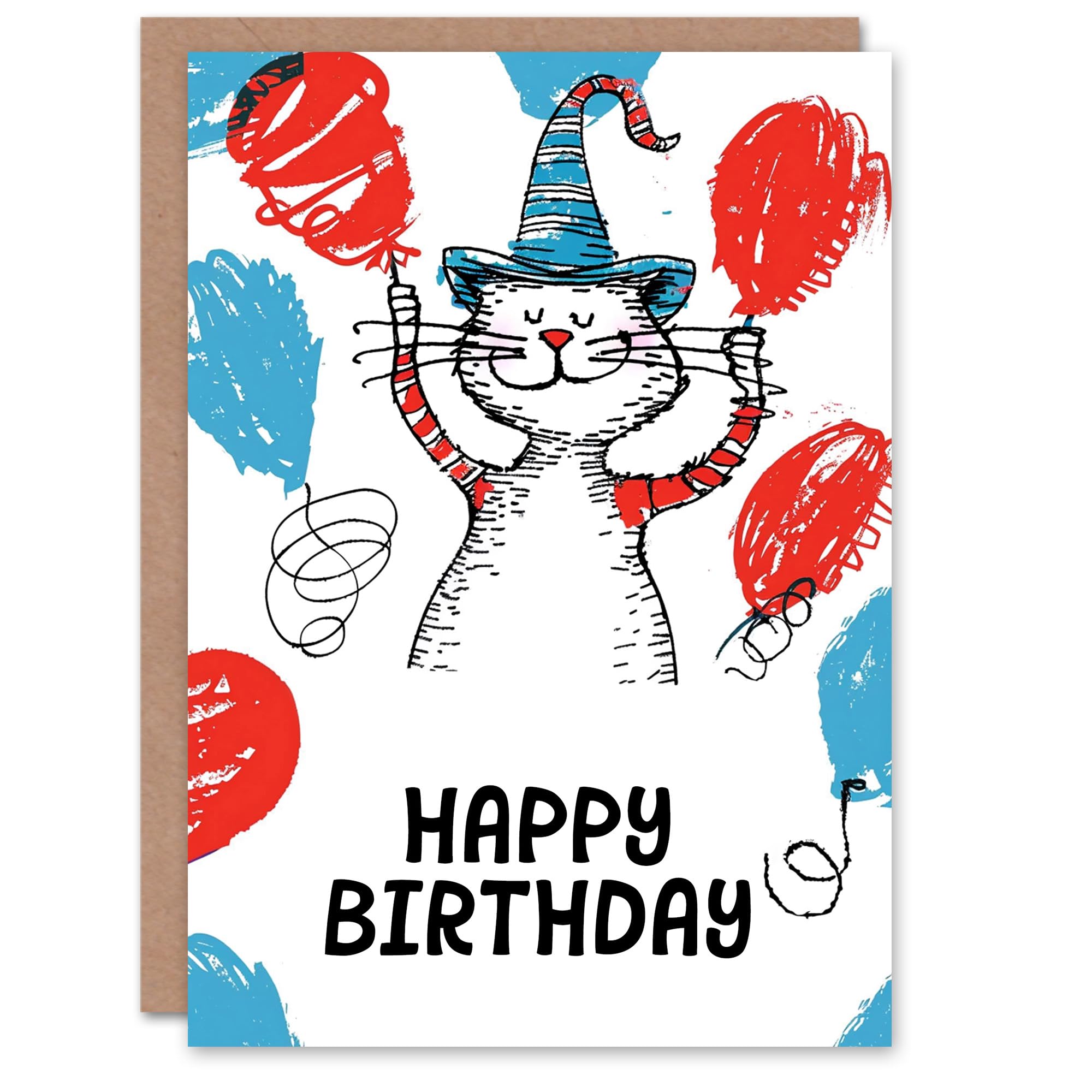 Artery8 Birthday Card Cat Lover Balloons Hat Childrens Book Drawing For Child Kids Son Daughter Greeting Card