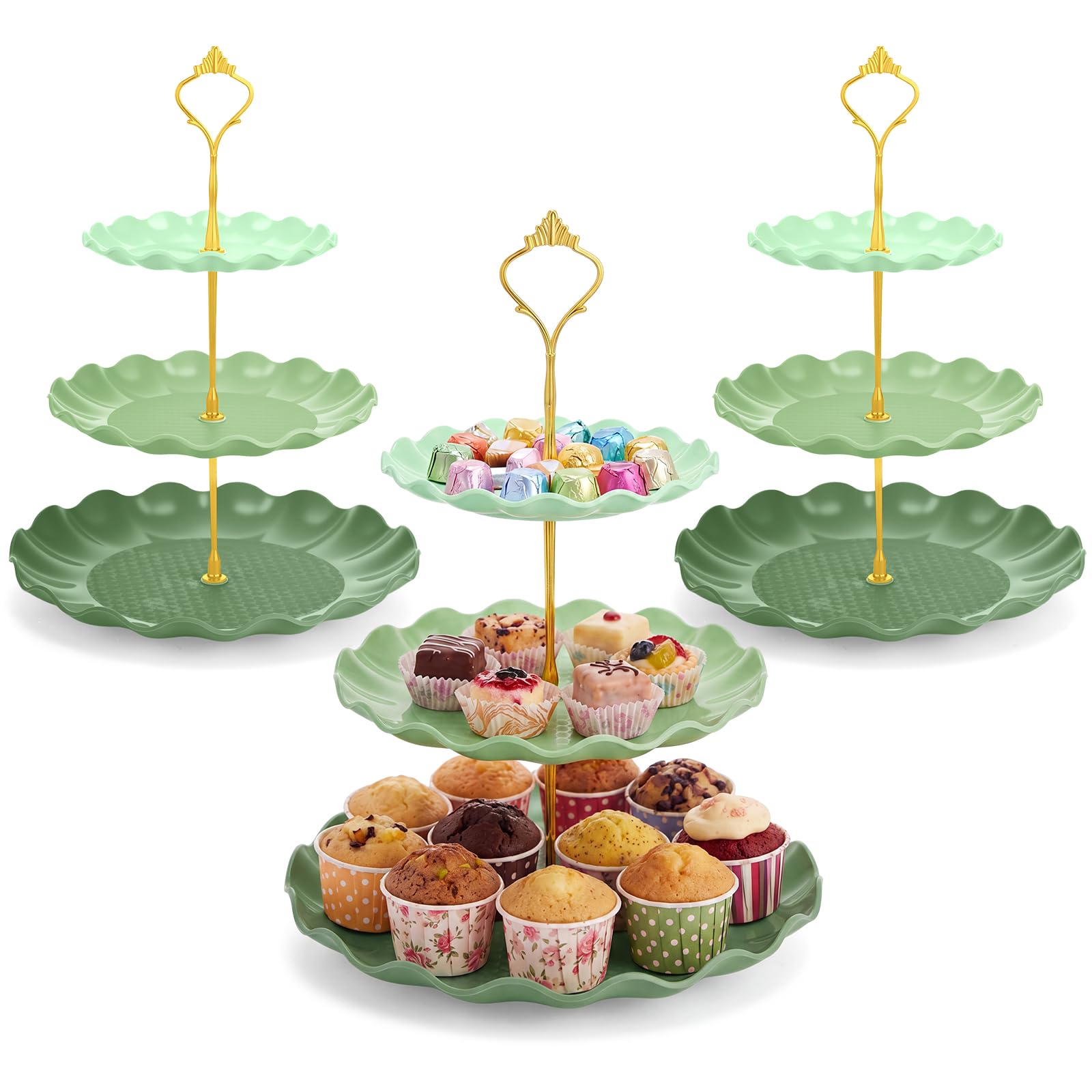 3 Pack Green Cupcake Stands, Round 3-Tier Gradient Serving Tray, Plastic Dess…