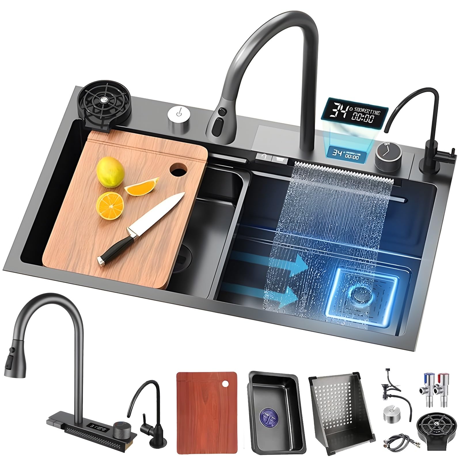 ZQFHSX Black Waterfall - Rectangular Stainless Steel Basin with Siphon, Overflow and Drain Set Modern Multifunctional Design (68 x 45 cm)
